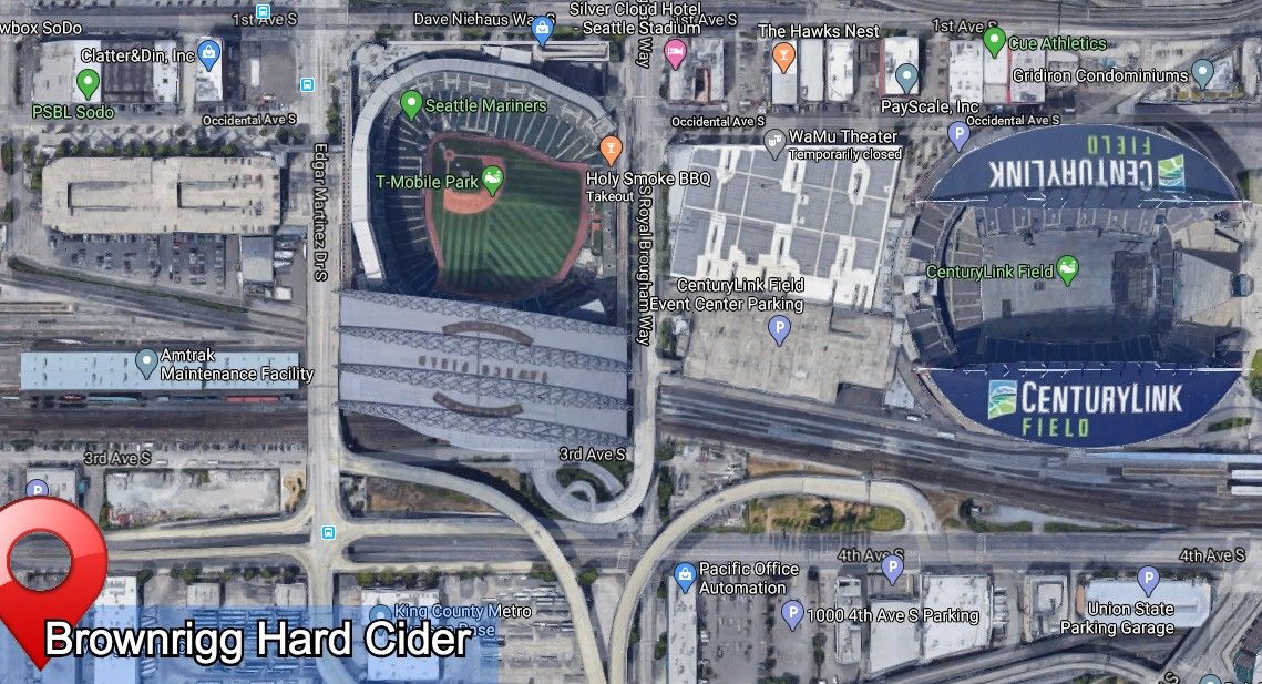 Overhead map view of Brownrigg Hard Cider and Seattle stadiums