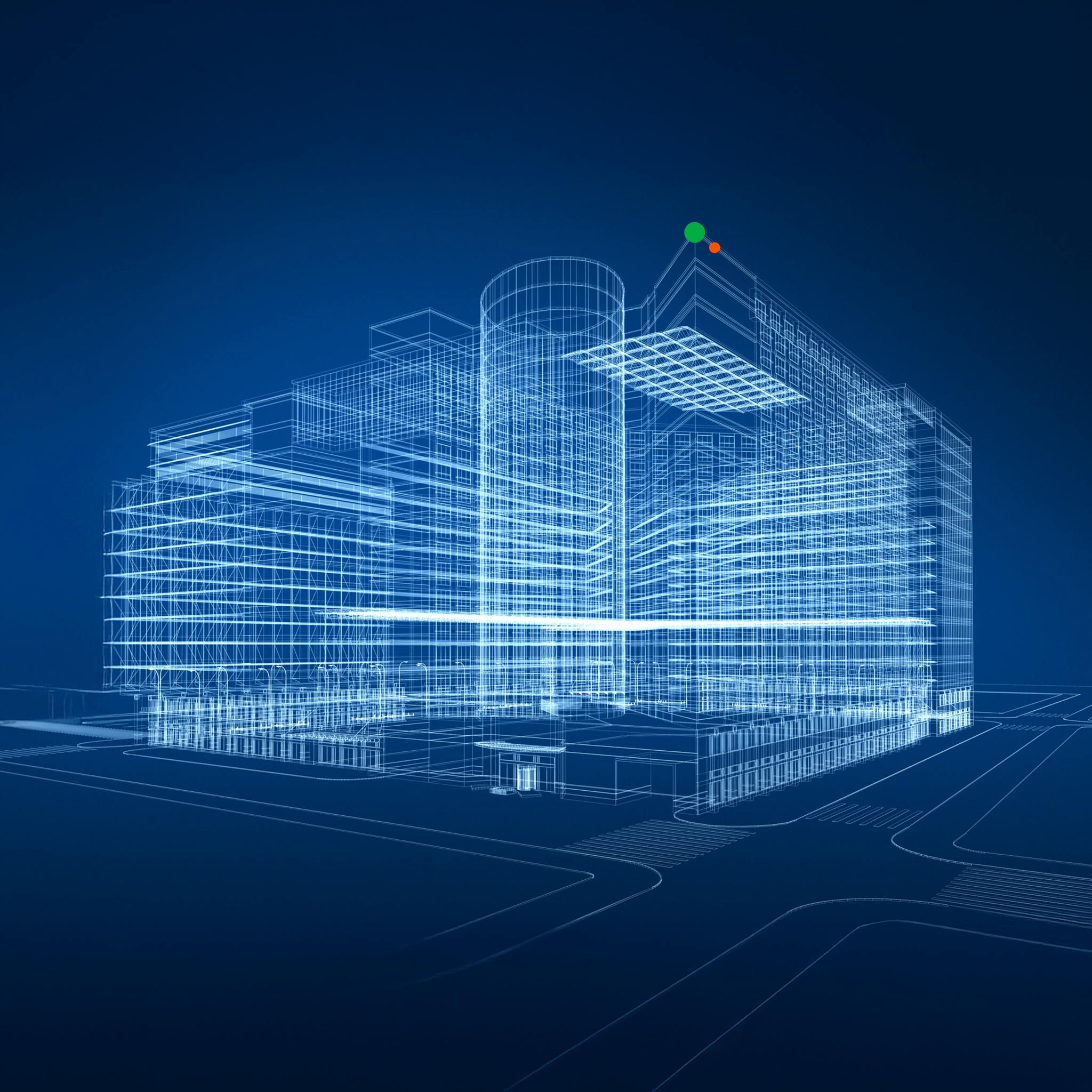 A digital rendering of a modern architectural structure, depicted in a wireframe style. The building features multiple levels and cylindrical sections, set against a dark blue background with grid-like lines on the base.