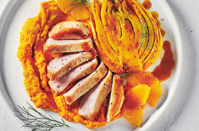 Fenouil confit à l’orange et au safran avec côtes de porc