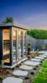 Backyard garden pathway with stepping stones lit by garden spike lights beside a sauna.