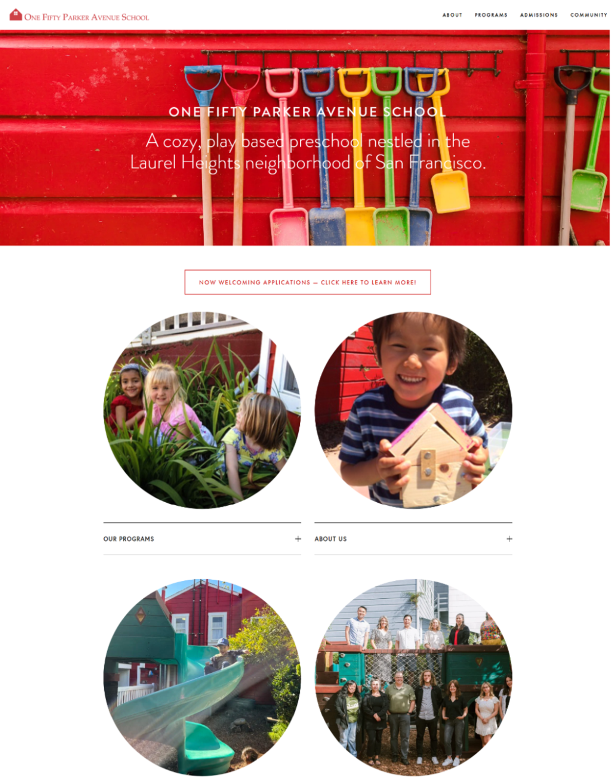 Screenshot of One Fifty Parker Avenue School, from the kindergarten websites collection.
