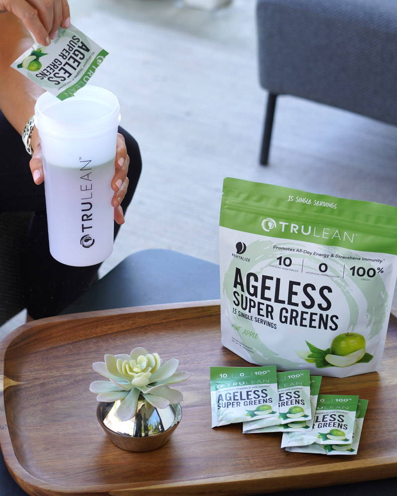 With Trulean Ageless Super Greens powder, we’ve extracted the best vitamins and nutrients from three whole pounds of raw, organic veggies... and fit them into a single serving packet!