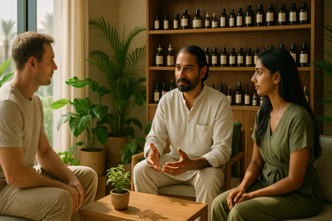Three people sit in a brightly lit room with many plants and shelves lined with small bottles. A male practitioner in the center gestures while speaking to a man and a woman.