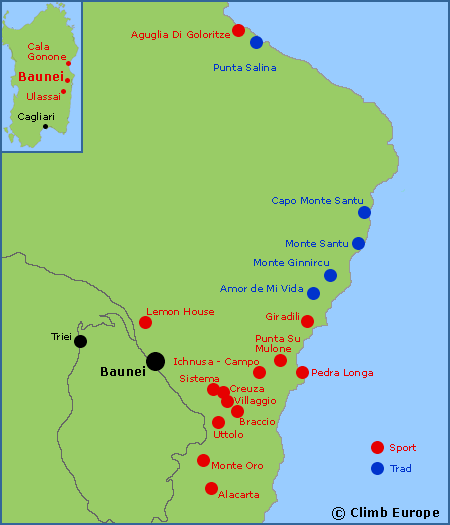 Map of the main sport climbing and rock climbing areas around Baunei