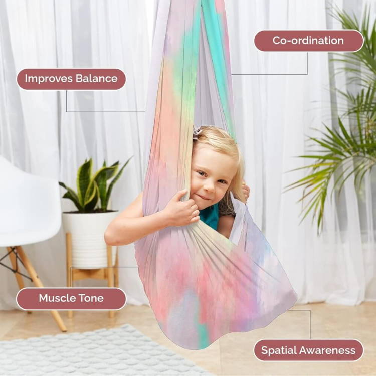 Infographic showing multiple benefits of the Montessori Balance Buddy swinging cloth.