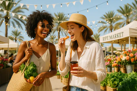 Two joyful women smile while browsing a sunny outdoor market. One carries a straw bag of fresh produce, the other eats a snack, surrounded by stalls, flowers, and palm trees.