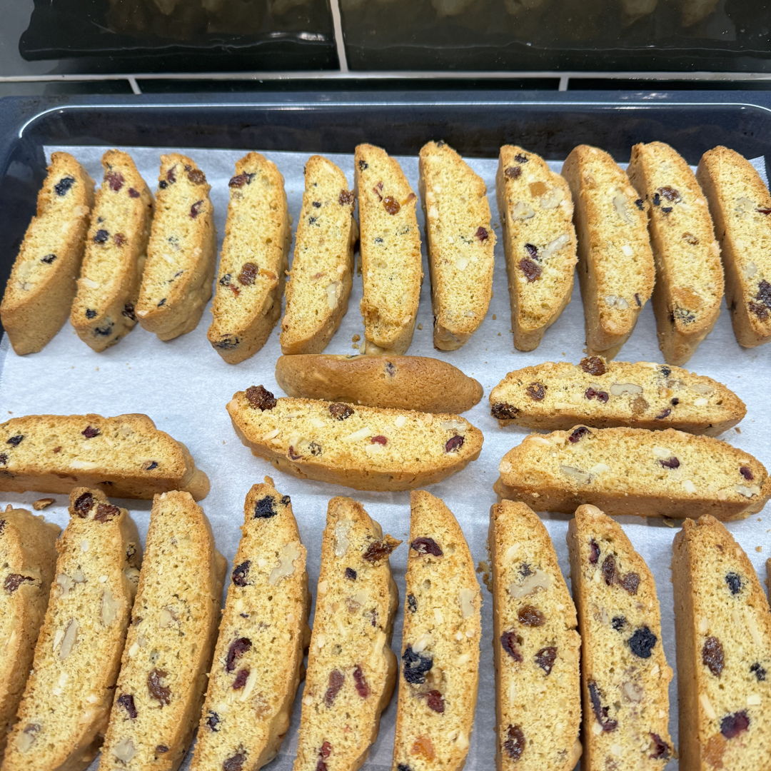 Hello!! I’ve been practising making biscuits for Christmas. These are Italian Fruit and Nut Biscotti.