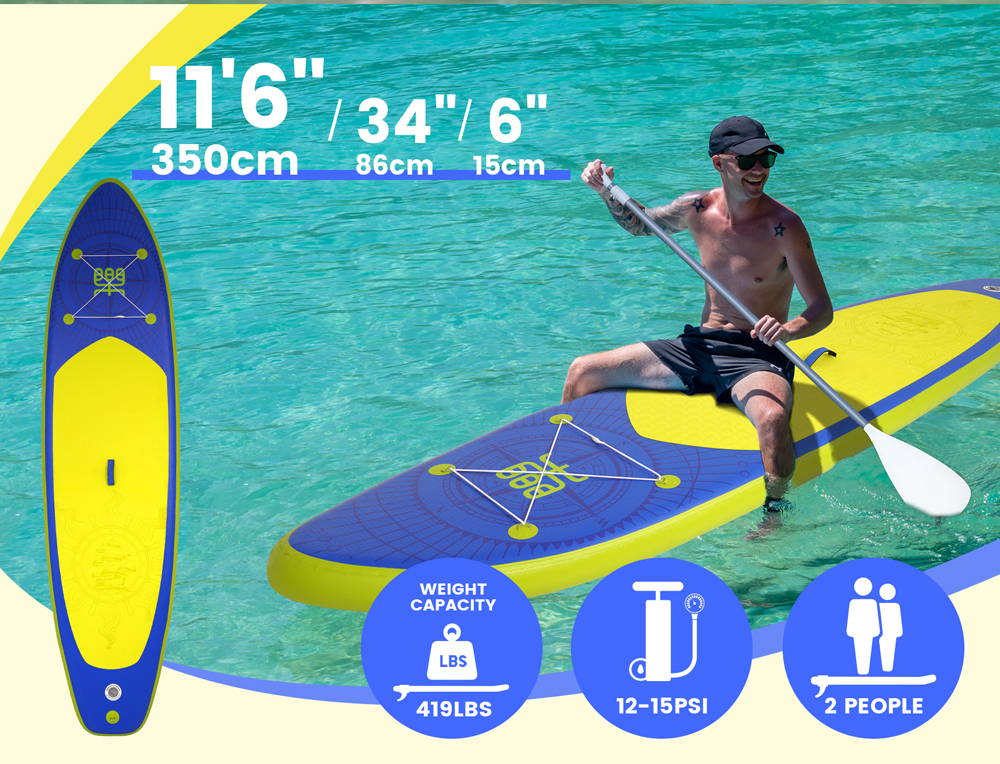 The parameters of the Funwater inflatable paddle board is 11'6''/34''/6''