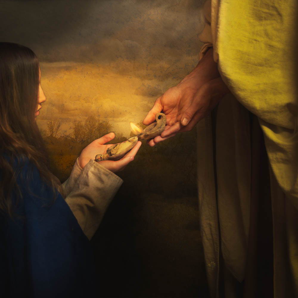 A young woman lighting her lamp with Jesus' outstretched lamp.