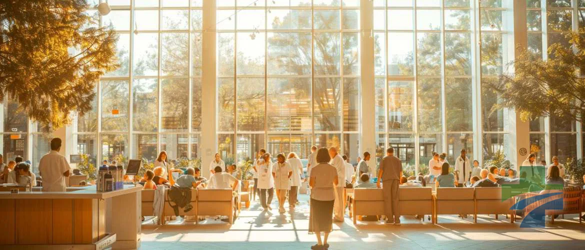 Sunlit rehabilitation center bustling with therapy sessions