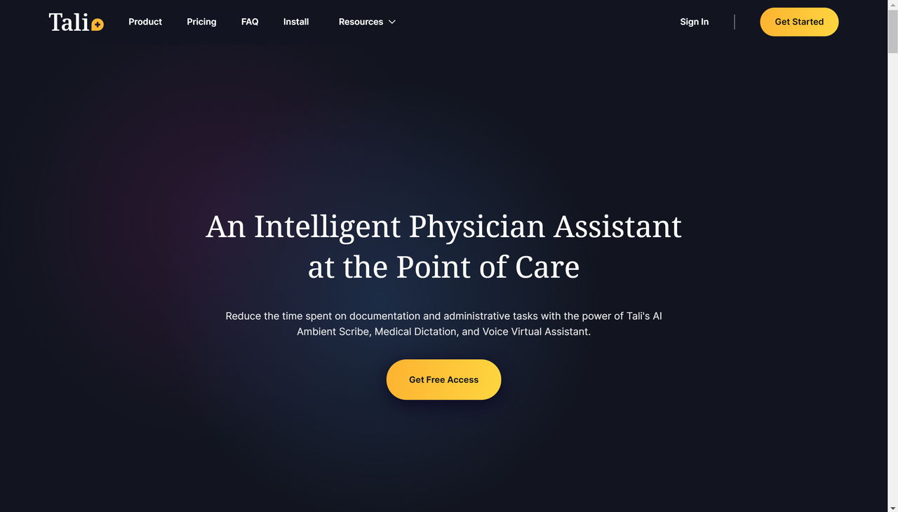 Screenshot of Tali's website landing page, an AI scribe