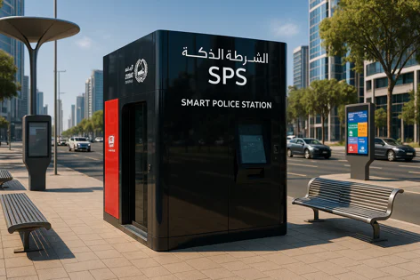 Black Smart Police Station (SPS) kiosk on a city sidewalk beside benches and a digital display, with cars and tall buildings in the background.