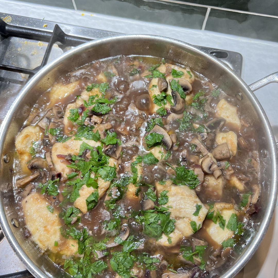 This is Chicken Marsala. It is a delicious meal for my family as we have one family member battling cancer. Our favourite spicy food is not an option right now. 
The recipe was found on YouTube. ‘Italian Grandma Makes Chicken Marsala’.