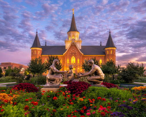 Provo City Center Temple picture centered on a statue of a young family in the middle of a lush flowerbed.