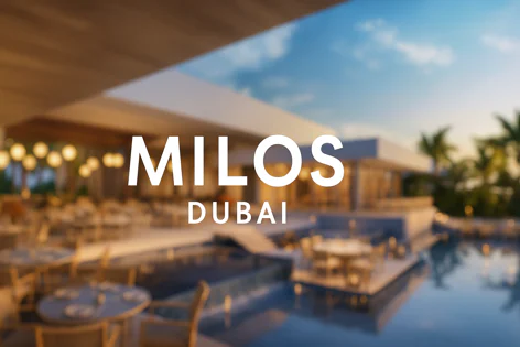 Blurred view of an upscale outdoor restaurant patio with tables and chairs, a pool reflecting the sky, and palm trees in the distance, featuring the text 'MILOS DUBAI' in white.