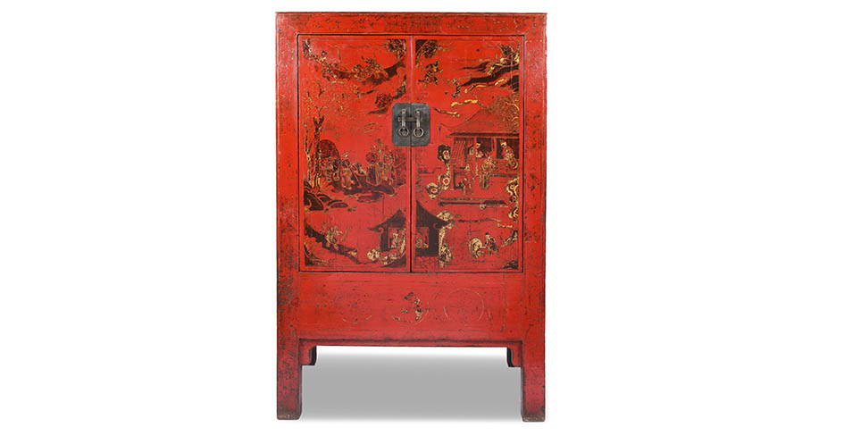 Detail from an antique Chinese red lacquer wedding cabinet. This is particularly high quality.