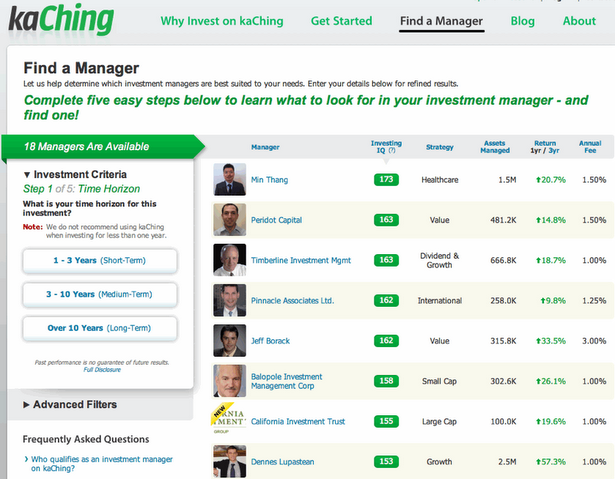 The 18 advisors on KaChing public site are ranked by 'investing IQ.'