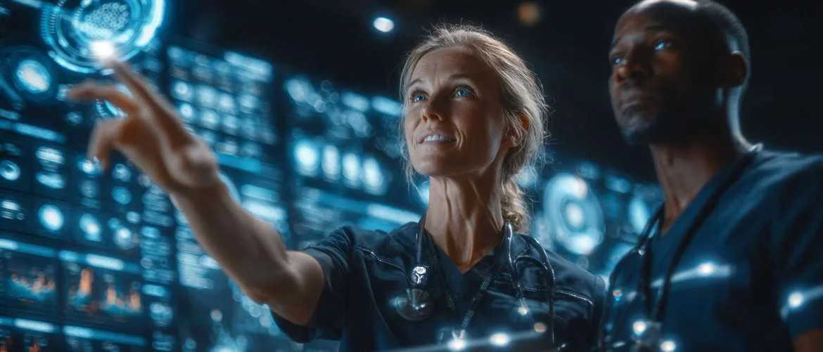 Healthcare leaders coordinate staffing using futuristic digital displays in command center.