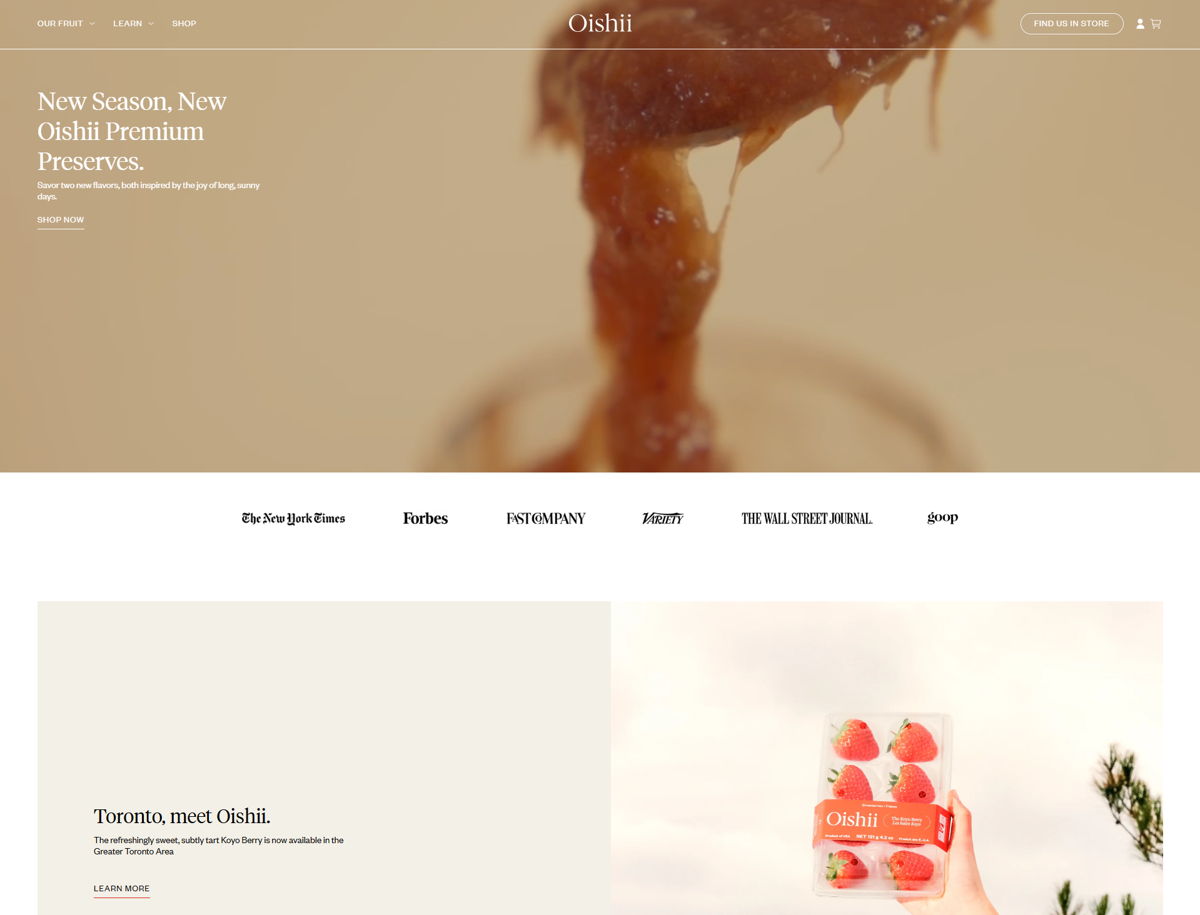 Screenshot of Oishii , from the website hero section designs collection.
