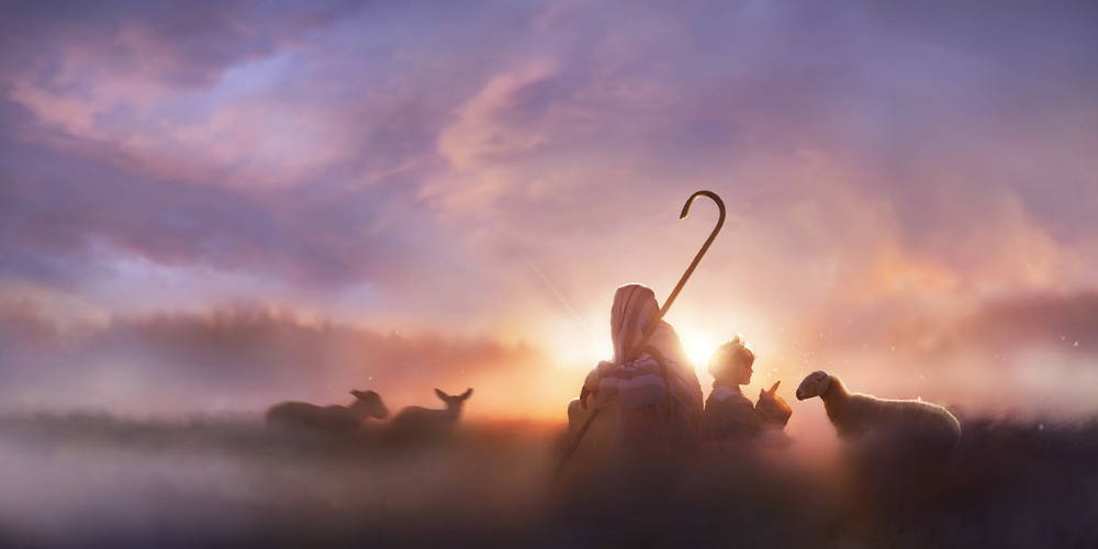 Jesus sit in the morning fog with a child and a few sheep. A shepherd's crook is resting against His shoulder.
