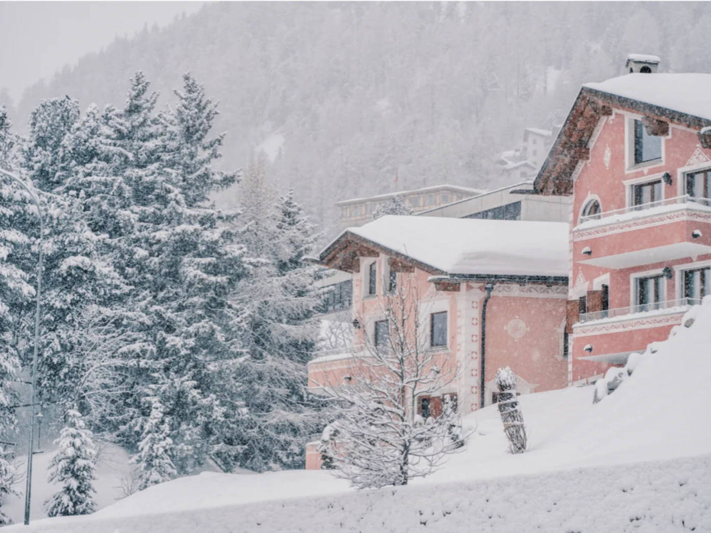 Pinks and Peaches by Stuart Cantor - A photographic print of a tree-lined St Moritz landscape with pink buildings.