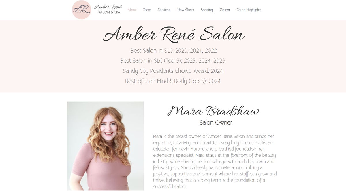 Screenshot of Amber René Salon, from the hair stylist portfolios collection.