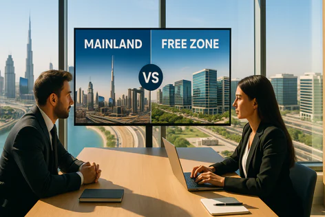 Two people in an office watch a screen comparing Dubai's mainland business district with the free zone, showing different city views.