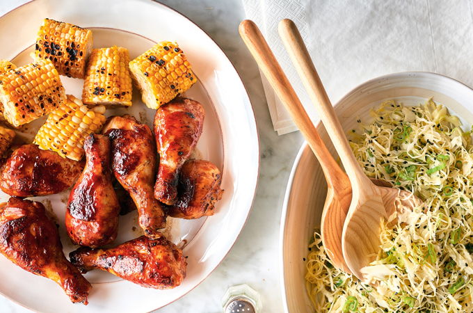 Grilled Sesame Drumsticks with Coleslaw