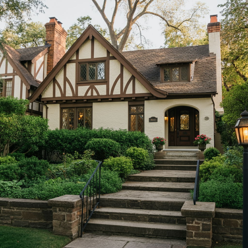 A photographic style image of A beautifully maintained Tudor-style home's exterior in the Highland Park neighborhood, showcasing distinctive architectural features and professional landscaping in the warm afternoon light. high focus, sharp, lots of bright light, extra bright, highly detailed, high quality, dslr, film grain, fujifilm XT3, RAW photo, RAW candid cinema, color graded porta 400, depth of field, hyper realistic, natural-looking, expressive, textured skin, texture, 8k, photorealistic
