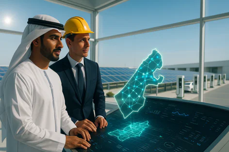 An Emirati man and an engineer review holographic UAE maps on a digital display. Solar panels and EV charging stations are visible outside.