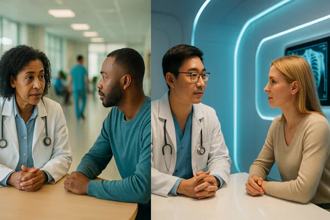 Two diverse doctor-patient consultations shown side-by-side; one in a standard hospital hallway, another in a modern clinic.