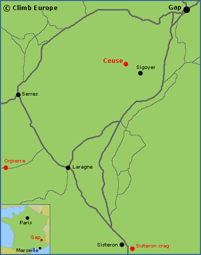 Map of the rock climbing areas south of Gap, including Ceuse