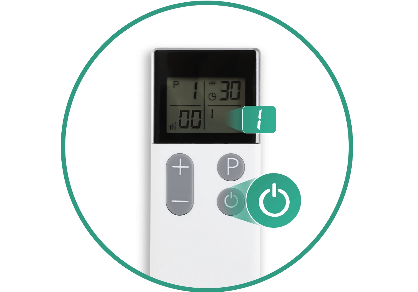 Wellue TENS リモコンのクローズアップ。電源ボタンと治療モードボタンが表示され、ディスプレイには 30 分間のセッションが表示されている。