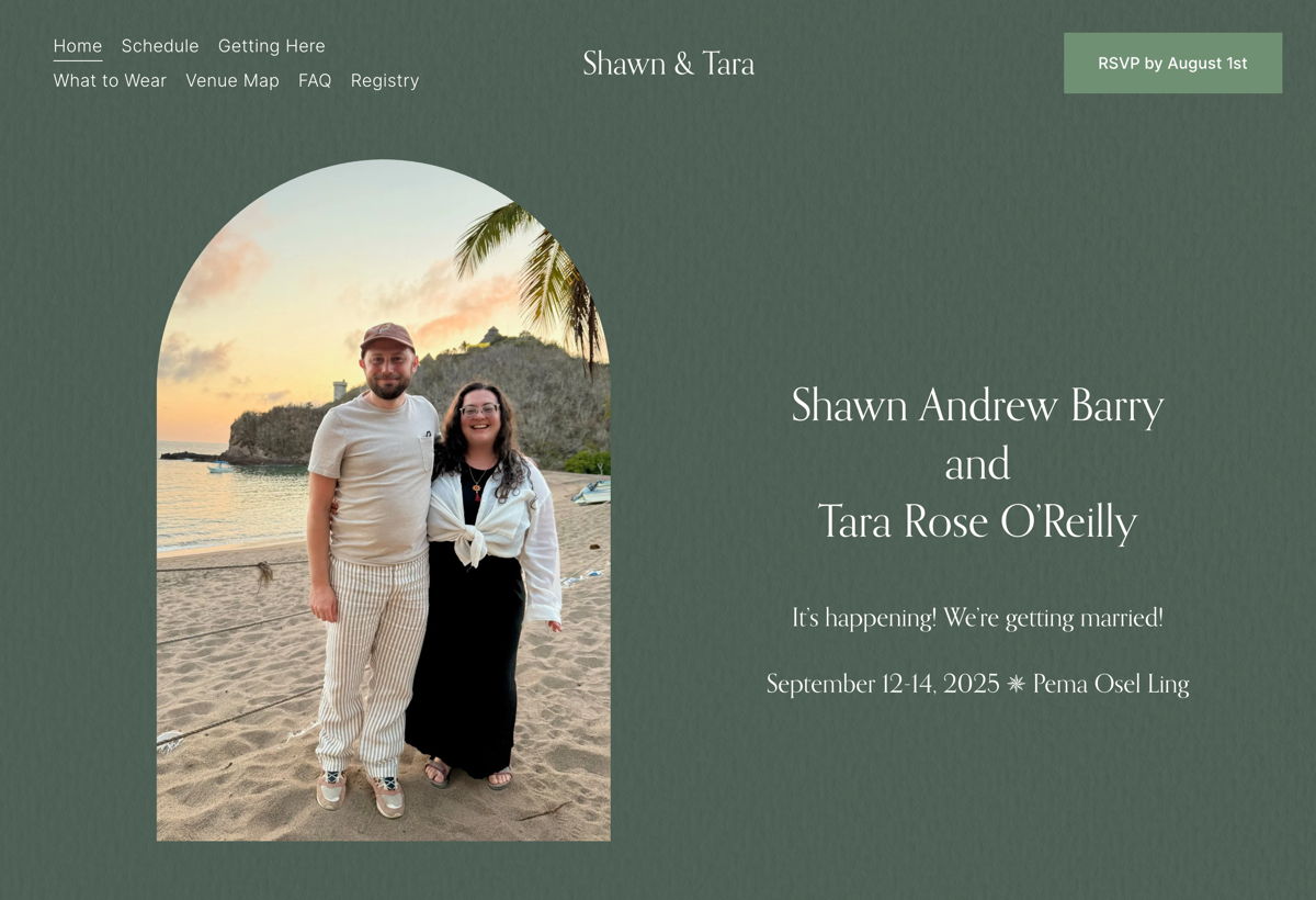 Screenshot of Shawn & Tara, from the squarespace wedding websites collection.