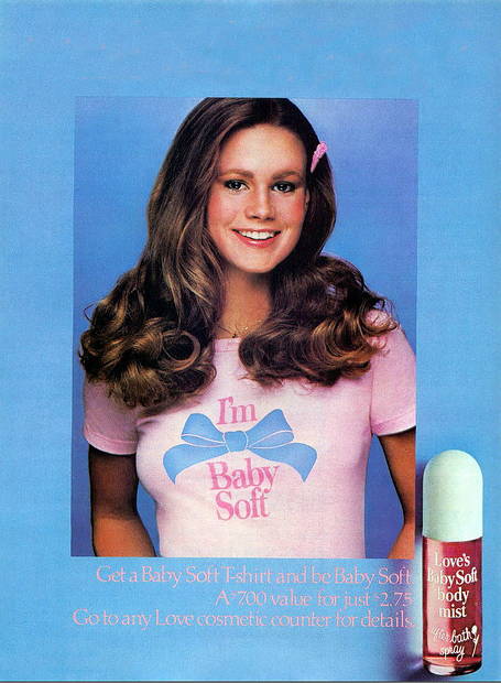 Love's Baby Soft vintage ad with a young woman wearing a pink tee-shirt that reads: "I'm Baby Soft"