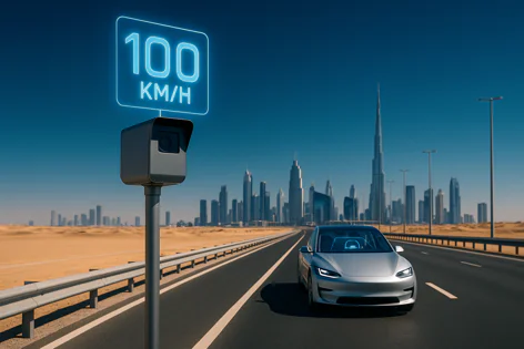Silver car on a highway near a digital speed camera showing 100 KM/H, with a desert and modern city skyline including Burj Khalifa in the background.