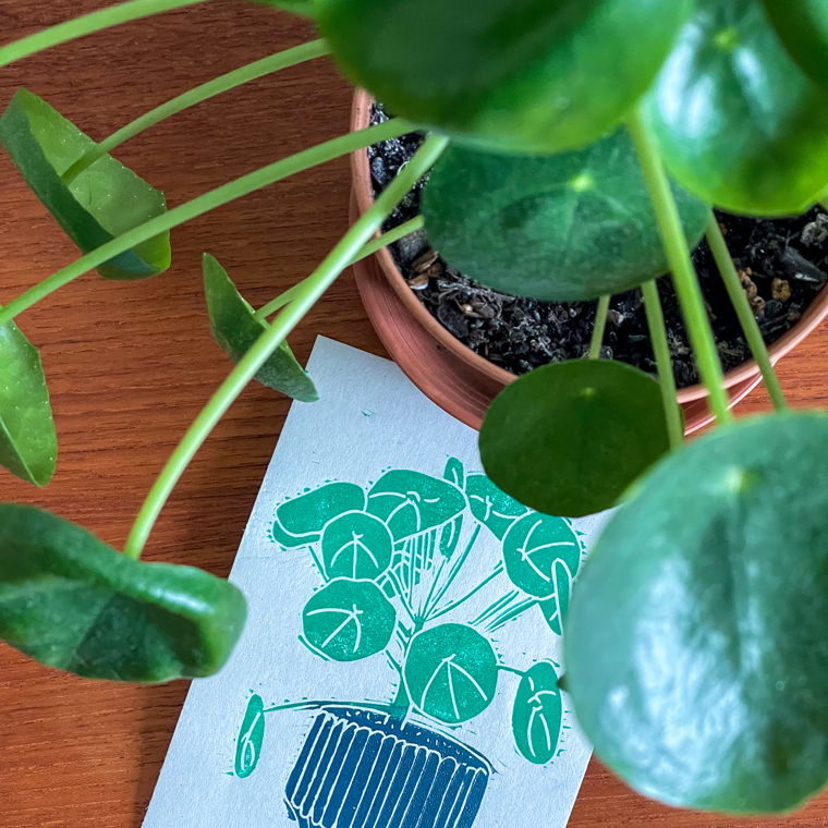 Original lino print- pilea plant