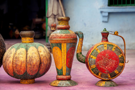 Colorful ethnic Rajasthan pots on market in Jodhpur.jpg