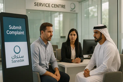 A customer in traditional attire and another man sitting with a service centre staff member at a desk, next to a Sanadak 'Submit Complaint' digital kiosk at a DEWA centre.