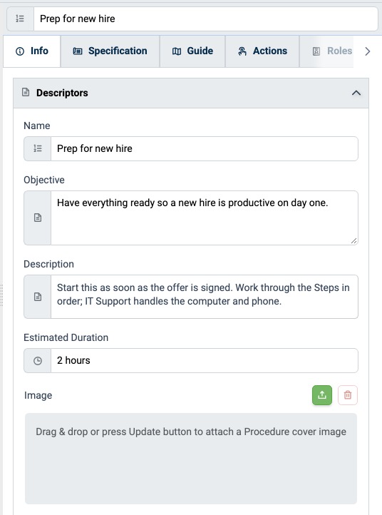 Procedure Info tab showing the Descriptors panel