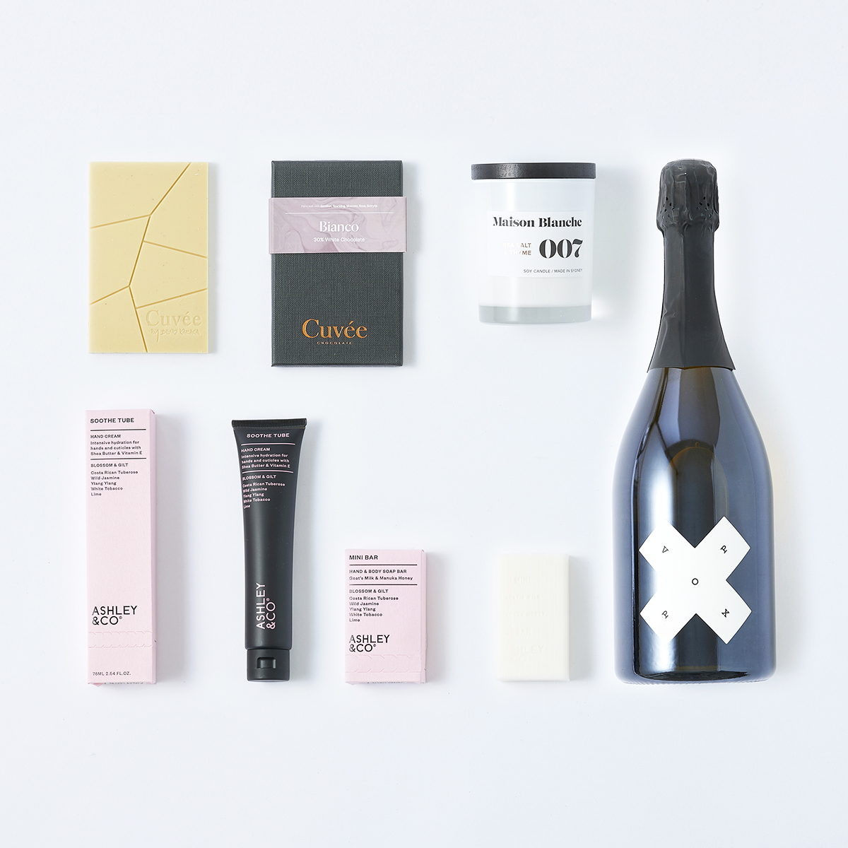 Sparkling Pamper Tube_Voxpop Sparkling Pinot Noir Ashely and Co Handcream Maison Blanche Candle