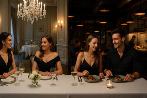 Two smiling couples enjoying meals in split scenes: two women in a bright formal restaurant, a man and woman in a darker casual restaurant setting.