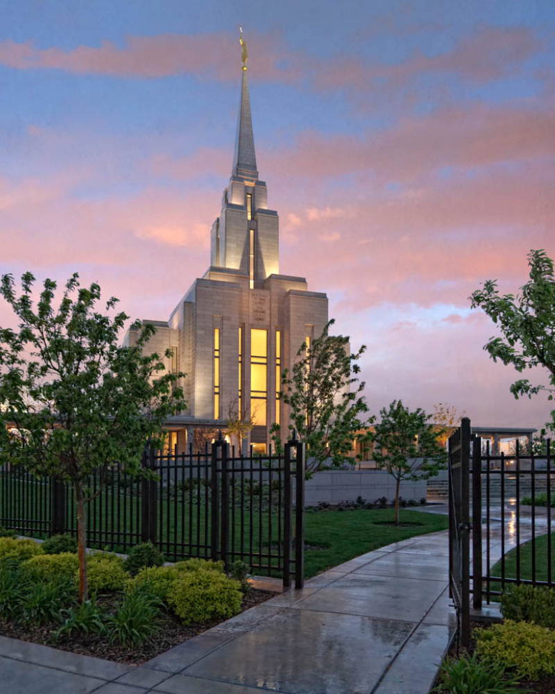 LDS art vertical photo of the Oquirrh Mountain Temple at sunset.