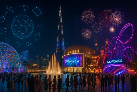 Night view of iconic Dubai attractions: Burj Khalifa, Dubai Mall, and the fountain, under a sky with fireworks and geometric drone light patterns. Spectators watch from the waterfront.