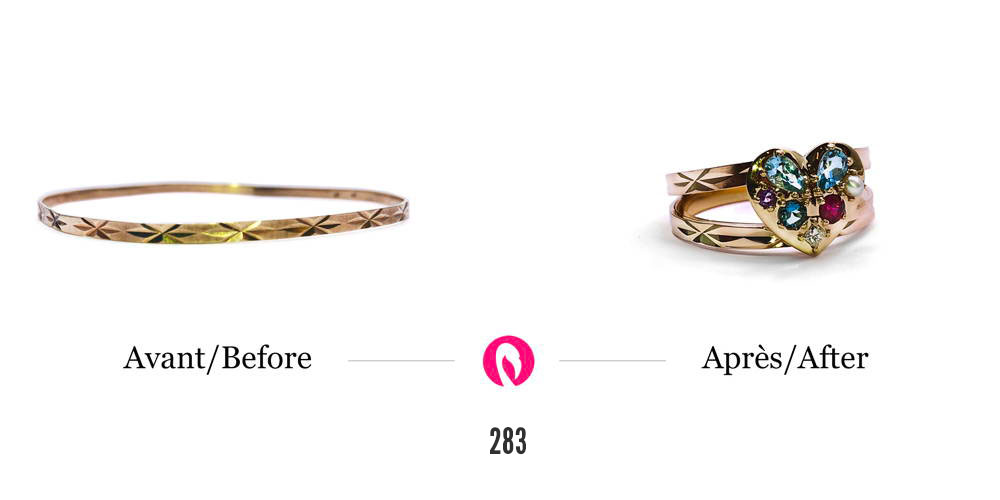 Transformation of a patterned bracelet into a two-tiered ring with the same motifs and the addition of precious stones