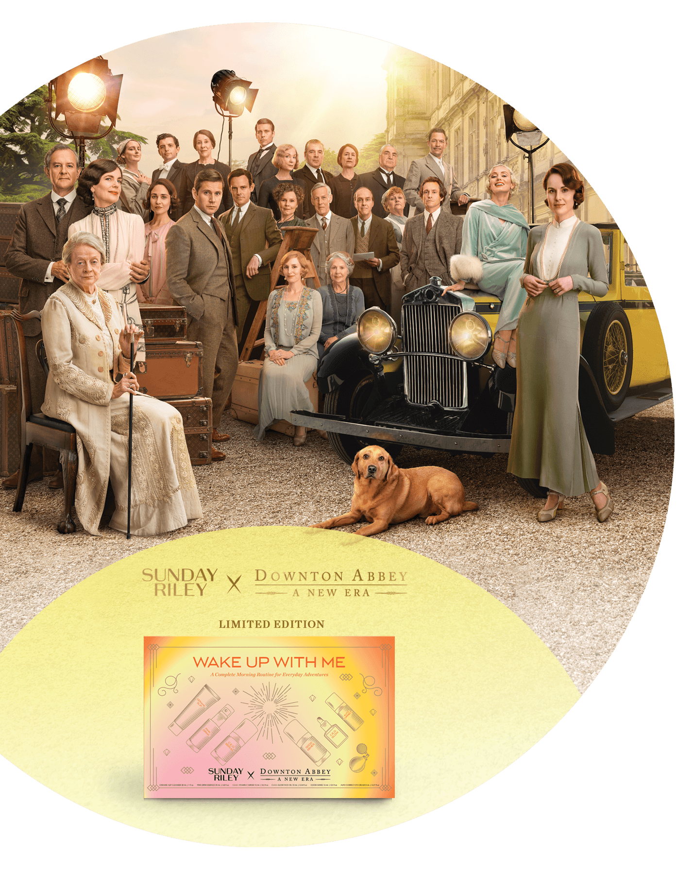image of downton abbey cast with limited edition wake up with me kit at the bottom