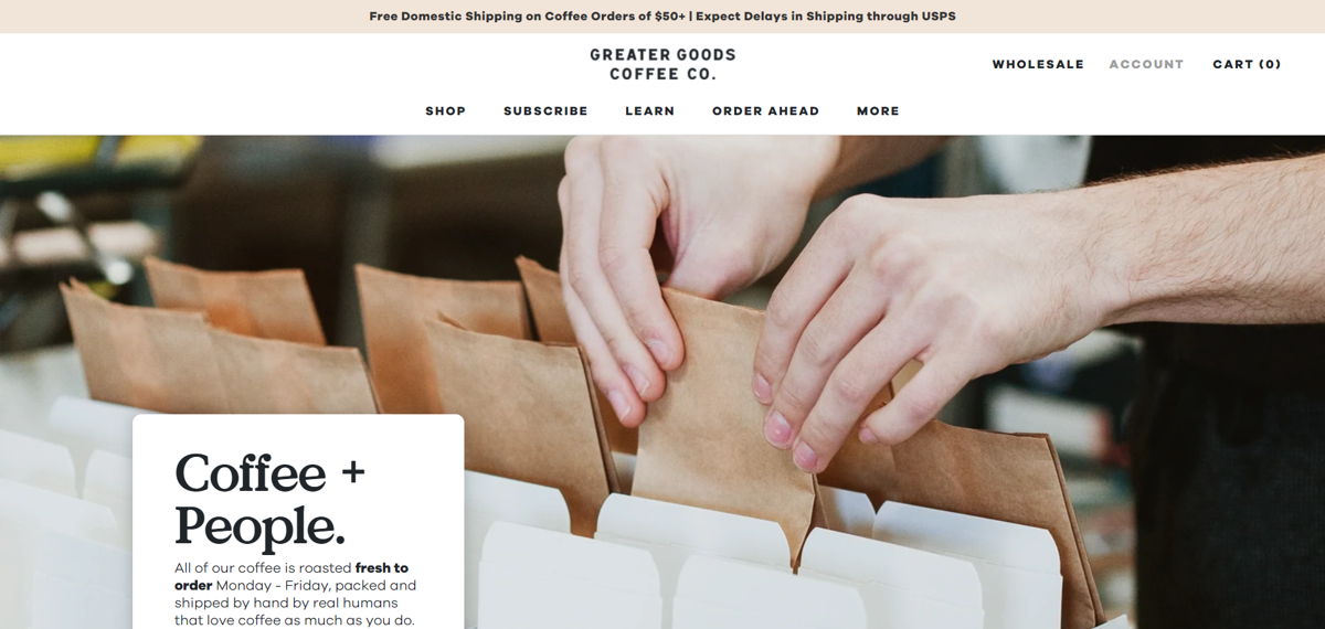 Screenshot of Greater Goods Roasting, from the cafe & coffee shop websites collection.