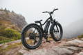 Speedbike sur un rocher devant un paysage montagnard