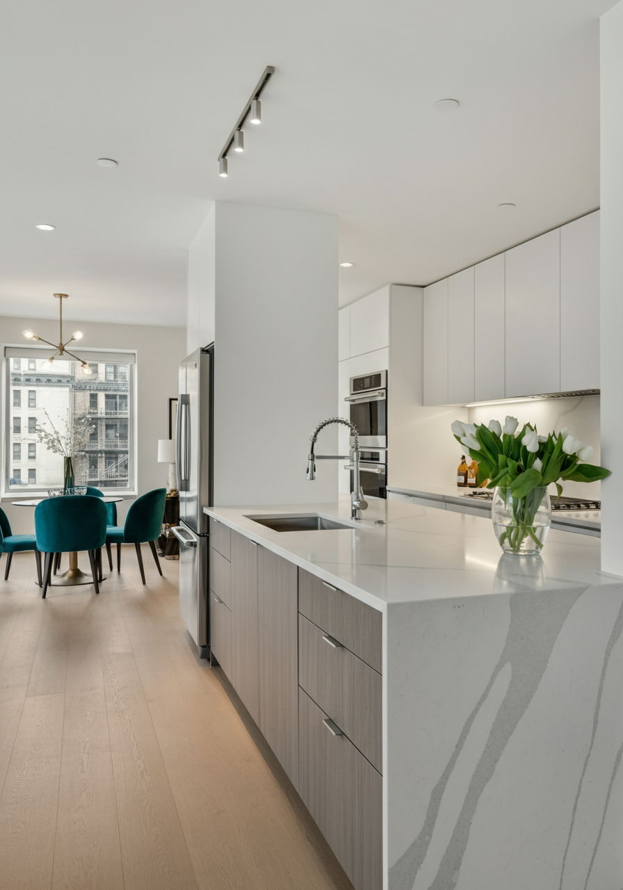 A Streeterville kitchen staged to emphasize its contemporary appeal. The sleek space features quartz countertops, integrated appliances, and a waterfall island. Minimalist styling with strategic pops of color creates a modern, sophisticated atmosphere that resonates with the neighborhood's urban professional buyers.