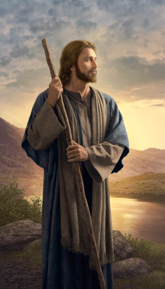 Painting of Jesus holding a shepherd's staff and smling calmly. He stands next to a calm river.
